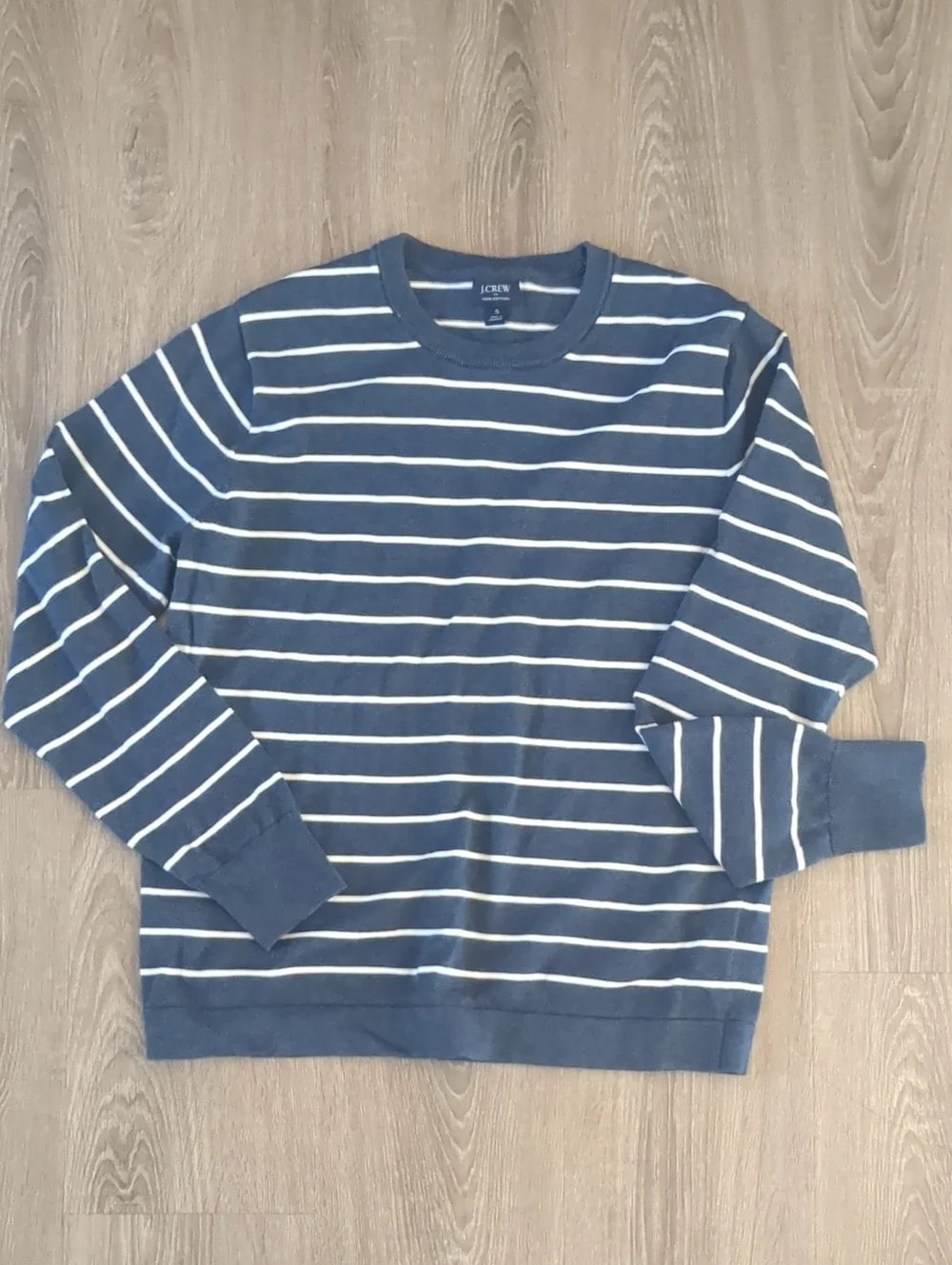 J. Crew Men's Navy and White Striped Crewneck Sweater